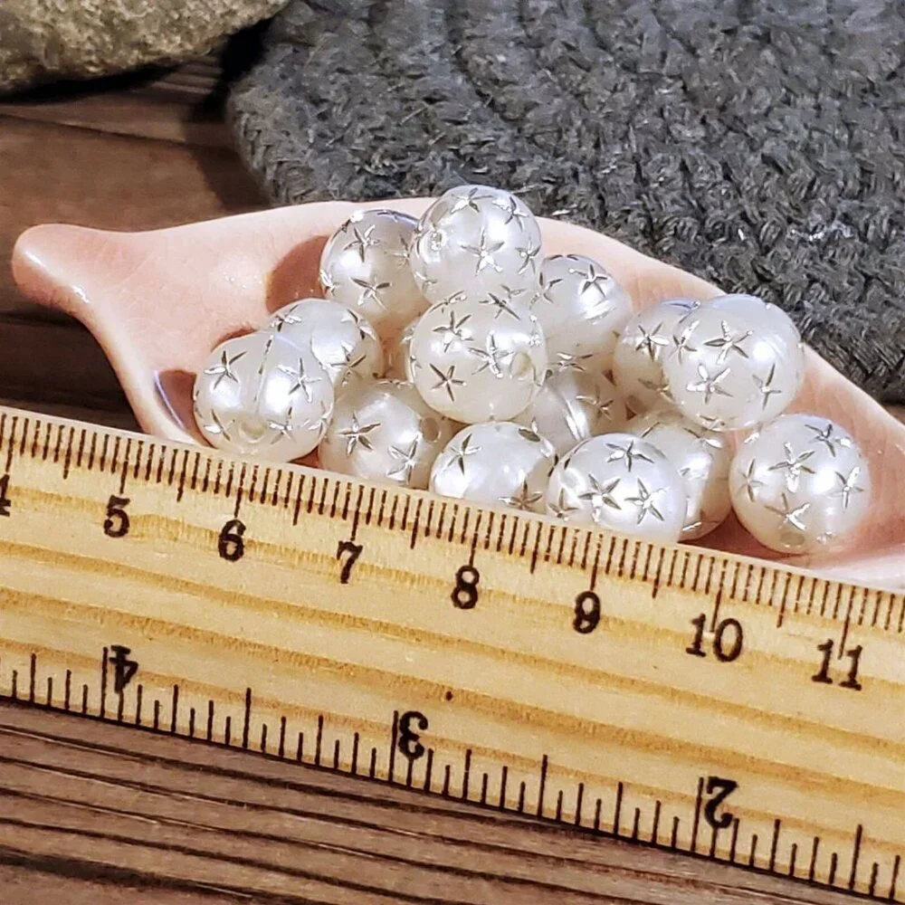 Vintage Retro Gray Silver Stars 12mm Round Acrylic Shabby Chic Beads 10 pcs